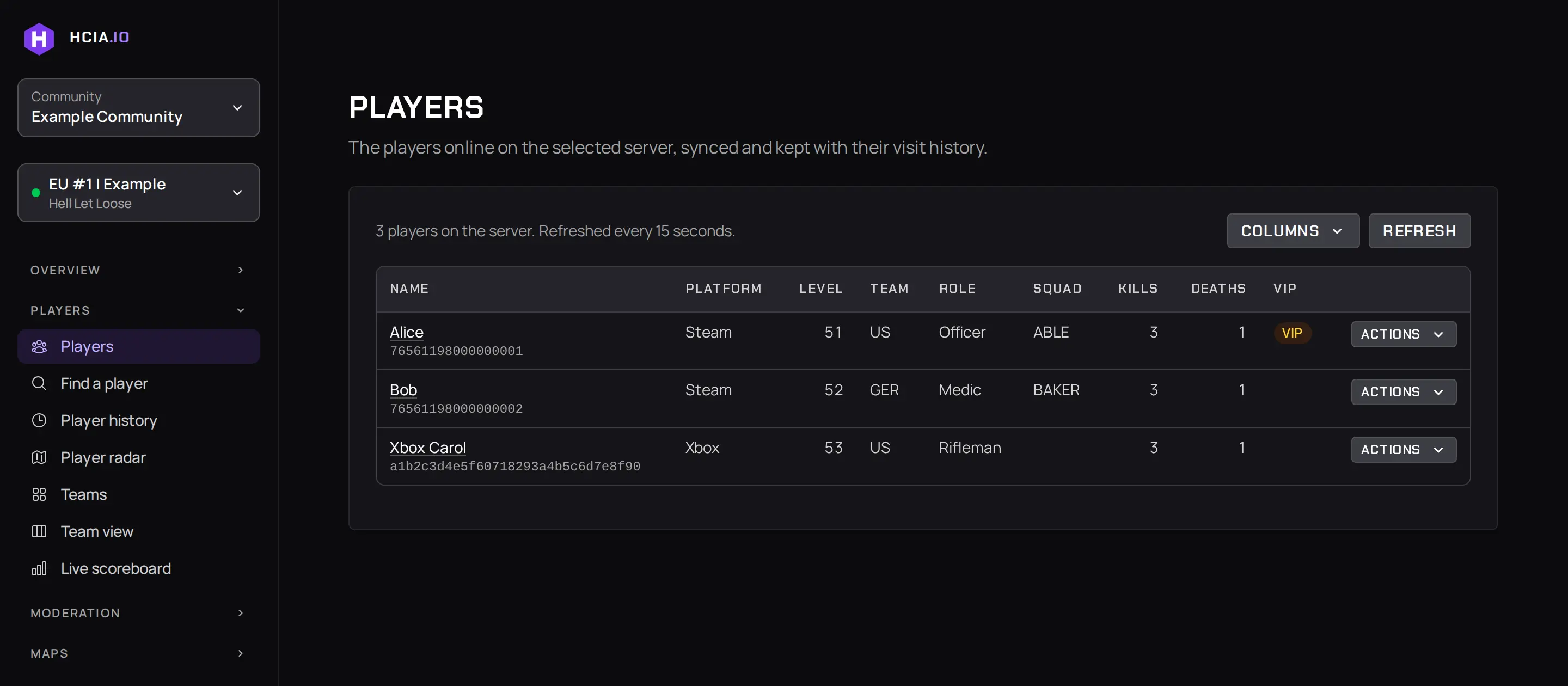 The Players page for a Hell Let Loose server in HCIA.io: three players with their platform, level, team, role, squad, kills and deaths, a VIP badge, and an Actions menu for each.